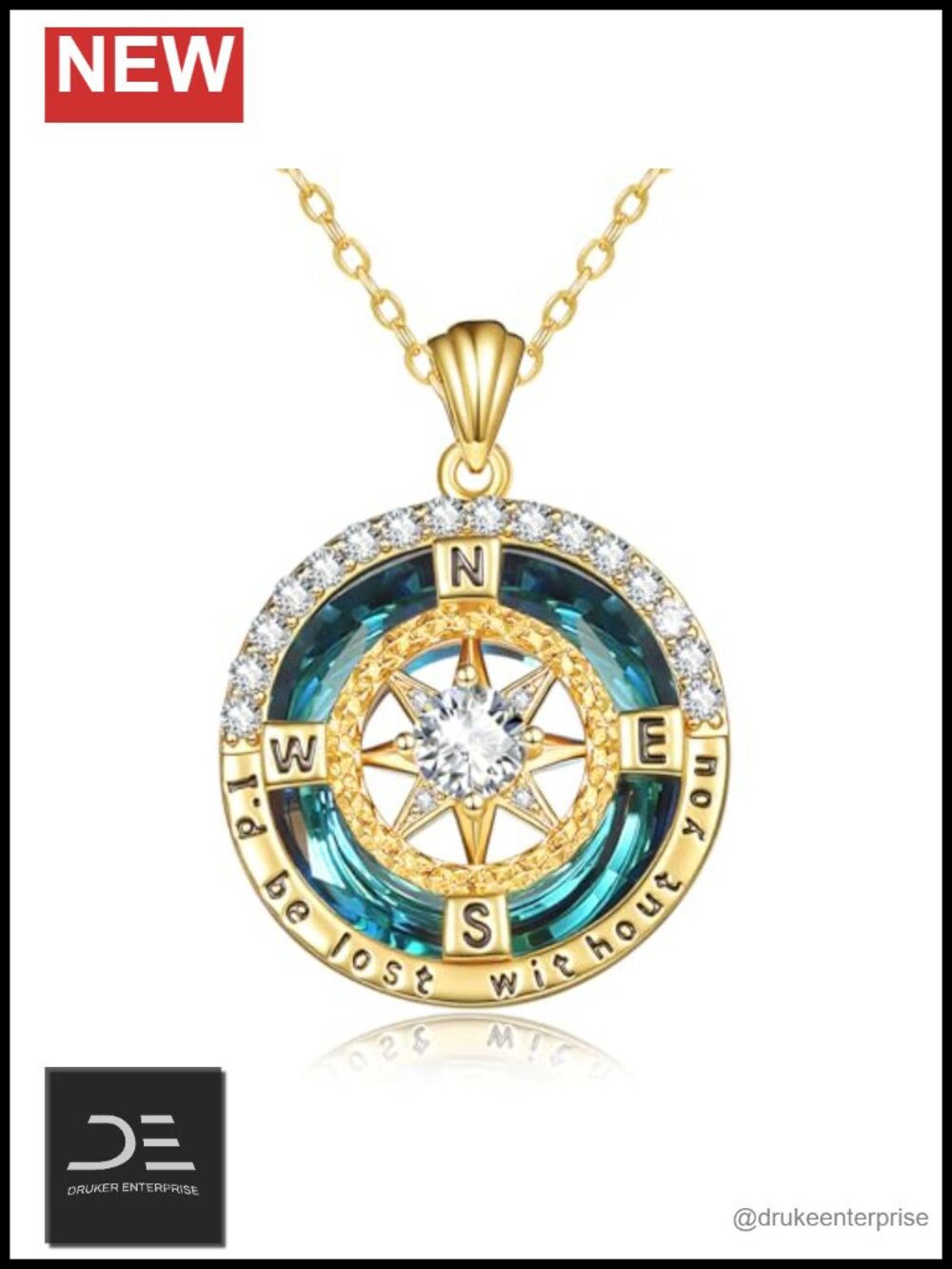 14K Gold Compass Pendant Necklace, Cubic Zirconia, I'd Be Lost Without You,